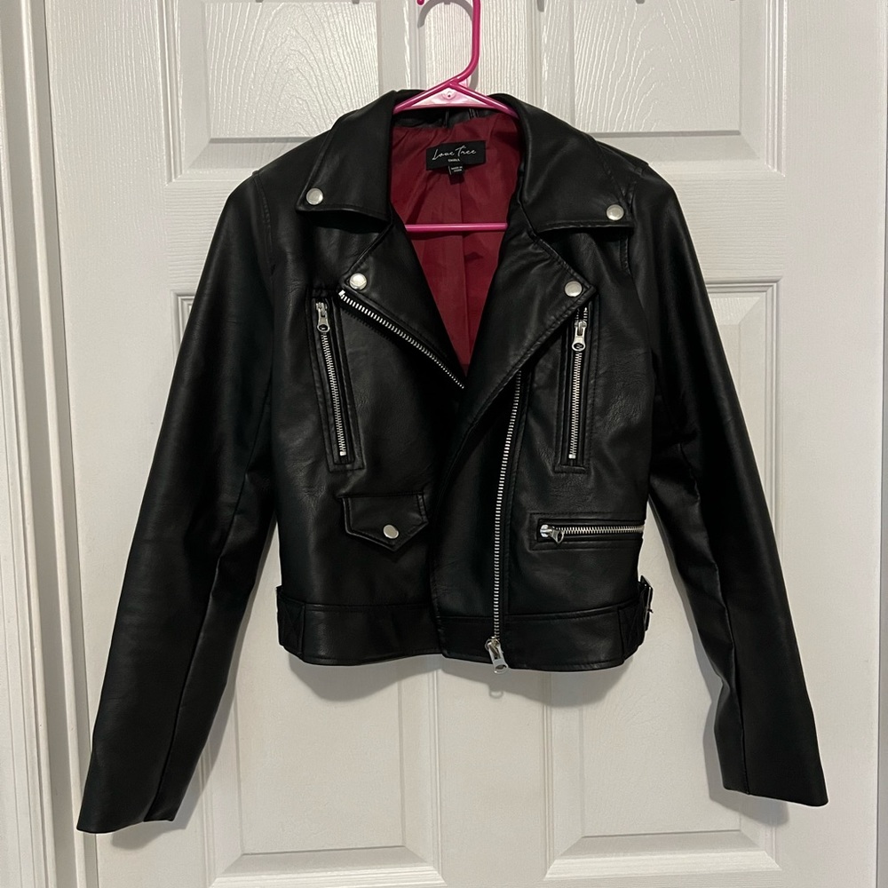 Faux black leather jacket.